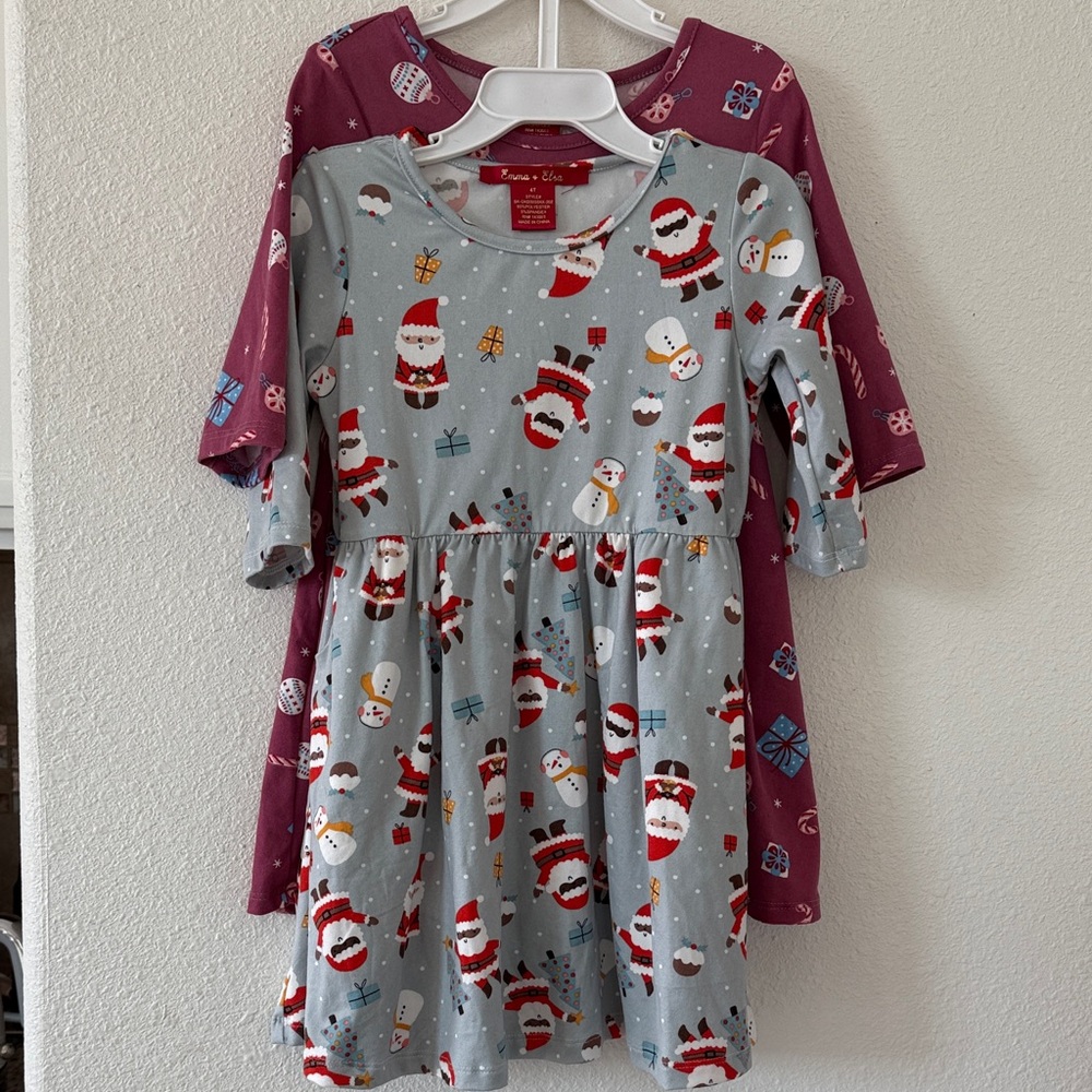 2 Set Emma & Elsa  Festive Santa and Snowman Dresses - Gray and Purple
